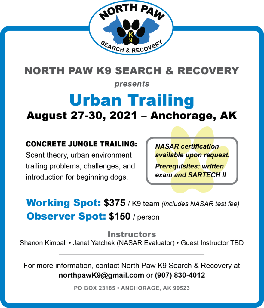 North Paw Urban Trailing Workshop, August 27-30, 2021